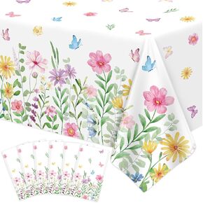 4 Pcs Spring Floral Tablecloth Blooming Flower Tablecloth Wildflower Table Cloth Butterfly Table Cover Easter Picnic Spring Party Decorations Tea Party Supplies Wild Flower Birthday Decor 86 x 51 Inch