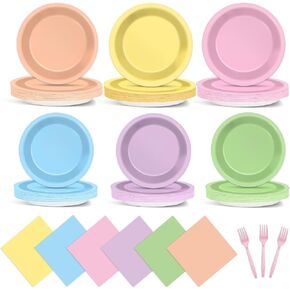 96 Pcs Pastel Party Supplies Paper Plates Pastel Plates and Napkins Disposable Rainbow Party Decorations for Birthday Wedding Baby Shower Colorful Dessert Tableware Set for 24 Guests