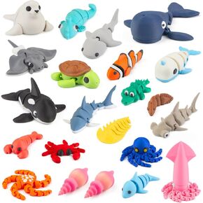 22PCS Ocean Animal Set, 3D Printed Mini Sea Animals Articulating Flexible Fidget Toys, Cute Animal Figurines Toys Birthday Office Desktop Home Decoration