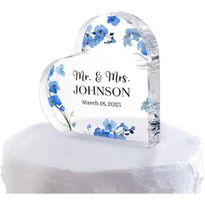 Personalized Wedding Heart Acrylic Block Mr & Mrs Cake Topper, Custom Wedding Keepsake Bride & Groom