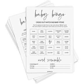Baby Shower Bingo Game (50 Unique Cards), Pre-Filled, Baby Shower Games, Added Word Scramble (Minimalist)