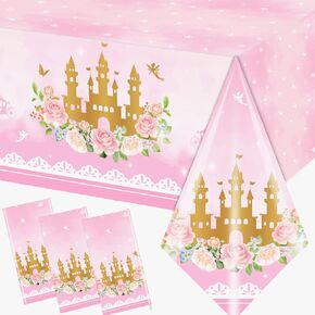 3 Pack Princess Tablecloth Party Decorations Pink Princess Birthday Themed Decorations Disposable Plastic Table Cover for Baby Shower Girls Princess Glitter Castle Party Supplies Table Decor
