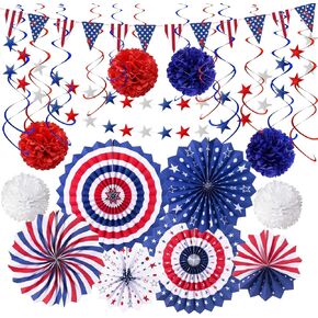 4th of July Patriotic Party Decorations 27 PCS Set, 6 Paper Fan, 6 Flower Ball, 1 USA Flag Pennant, 2 Star Streamer, 12 Swirl Streamer, Independence Day, Memorial Day, Veterans Day Decor Supplies