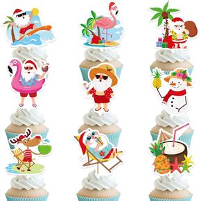36Pcs Christmas in July Cupcake Toppers, Tropical Santa Claus Snowman Palm Tree Flamingo Cake Topper Hawaiian Cupcake Picks for Summer Pool Christmas in July Party Favors Birthday Decorations