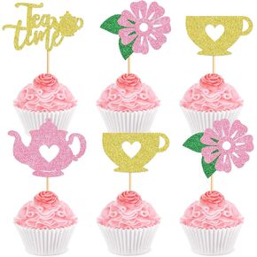 24Pcs Tea Party Cupcake Toppers - Teapot and Floral Themed Birthday Cake Picks - Afternoon Tea Decorations for Baby Shower and Princess Party Supplies