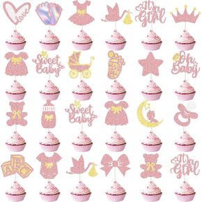24Pcs It‘s A Girl Baby Shower Cupcake Toppers Rose Gold Glitter Baby Shower Cupcake Toppers Oh Baby Gender Reveal Party Decorations for Sweet Baby Pacifier Onesie Jumpsuit Theme Party Supplies