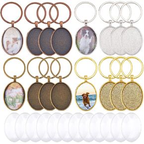 DICOSMETIC 16 Sets 4 Colors Cabochon Keychain Blanks Oval Keychain Pendant Tray 30x20mm Alloy DIY Keyring Making Kit with Cabochons for Photo Personalized Key Chain Making