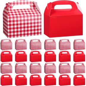 Marspark 24 Pcs Red and White Gingham Treat Boxes Bulk Checkered Candy Goodies Gable Boxes Plaid Cardboard Container with Handles for Picnic BBQ Birthday Family Farm Party Favors
