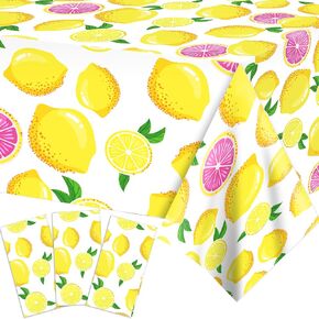 3 Pack Lemon Party Tablecloth Lemon Birthday Party Decorations Disposable Lemon Tablecloth Summer Lemon Plastic Table Cover for Summer Fruit Birthday Party Decorations, 54 x 87 Inch