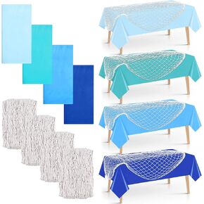 8 Pcs Fish Net Decorative and Tablecloth Set,Cotton Fishnet and Plastic Underwater Table Cover Decorations Set for Nautical Themed Birthday Party Pirate Decorations Mermaid Party