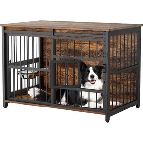 Dog Crate Furniture for Large Dogs: 39 Inch Heavy Duty Chewproof Wooden Kennel Furniture - Dog Cage Table for High Anxiety - 360° Adjustable Bowls Multi-Lock Sliding Door for Indoor - Easy to Clean
