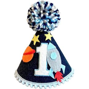 Outer Space First Birthday Hat Boy, Space Theme Party Decorations, Baby 1st Birthday Cone Hat with Rocket Design, One Year Old Party Crown for Cake Smash and Photo Props