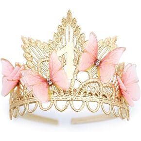 LOVECRUSH Crowns Rose Gold Fairy First Birthday Tiara, Butterfly Princess Tiara, Baby Girl Gift, Mini Flower Lace Tiara, 1st Birthday Crown Party Headband