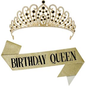KatchOn, Rose Gold Happy Birthday Sash and Tiara - Silver Rhinestone Tiara Set | Birthday Crown and Sash for Women | Glitter Crystal Hair Accessory for Queen's Birthday | Women Birthday Decoration