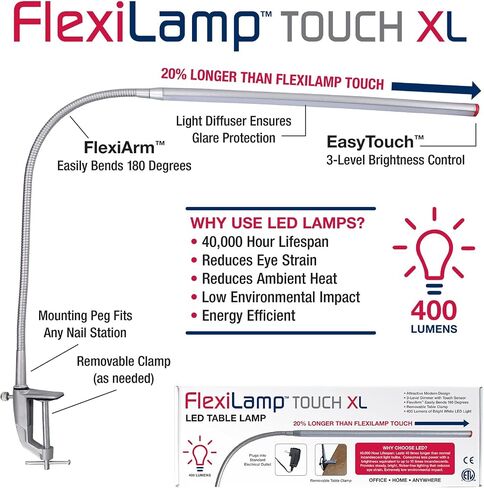 Americanails FlexiLamp Touch XL - LED Table Desk Lamp - Removable Clamp - Adjustable Lighting for Nail Stations - Manicure Table Light - Flexible Arm – 3 Brightness Levels - Touch Sensor - 400 Lumens in Saudi Arabia