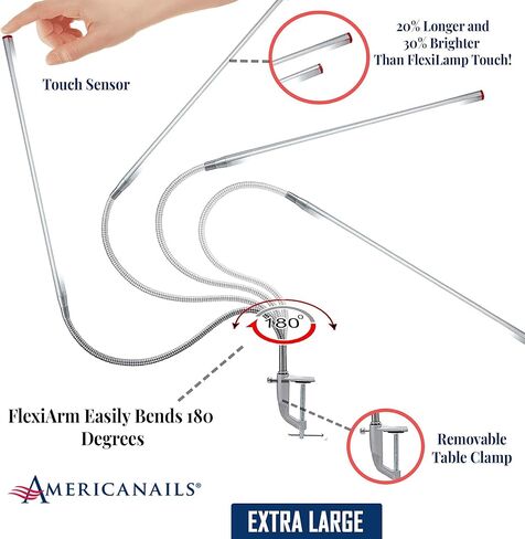 Americanails FlexiLamp Touch XL - LED Table Desk Lamp - Removable Clamp - Adjustable Lighting for Nail Stations - Manicure Table Light - Flexible Arm – 3 Brightness Levels - Touch Sensor - 400 Lumens in Saudi Arabia