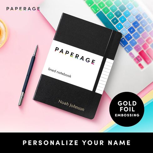 PAPERAGE Personalized Lined Journal Notebook for Writing - Customizable Text in Embossed Metallic Gold Foil, 160 Pages, 100 GSM Thick Paper, Leather Hardcover Diary, 5.7 inches x 8 inches, Black in Kuwait