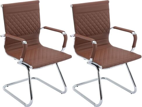 VESCASA Office Guest Chairs with Rhombic Grid Design Back, Faux Leather Reception Chairs with Arms for Meeting/Waiting/Conference Room with Chrome Metal Sled Base, Set of 2, Coffee in Kuwait