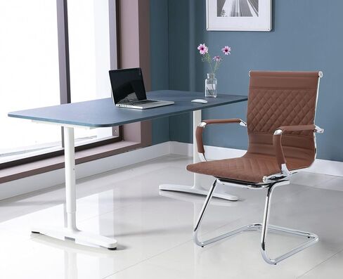 VESCASA Office Guest Chairs with Rhombic Grid Design Back, Faux Leather Reception Chairs with Arms for Meeting/Waiting/Conference Room with Chrome Metal Sled Base, Set of 2, Coffee in Kuwait