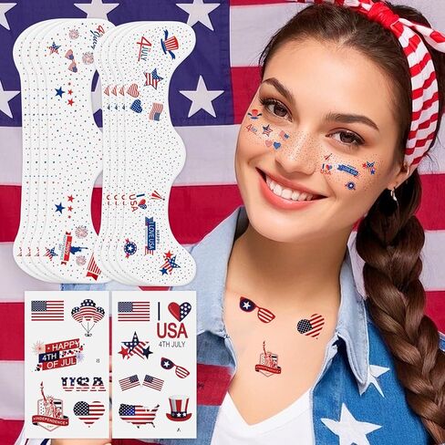 Meicoly 4th of July Glitter Frecleles ، USA Face Glitter Star Starers Tattoos المؤقتة ، الإكسسوارات الأزرق الأبيض الرابع من يوليو ، 8 Face Glitter Frecles +13 Tattoos المؤقتة in Kuwait