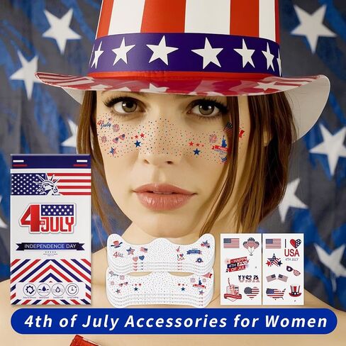 Meicoly 4th of July Glitter Frecleles ، USA Face Glitter Star Starers Tattoos المؤقتة ، الإكسسوارات الأزرق الأبيض الرابع من يوليو ، 8 Face Glitter Frecles +13 Tattoos المؤقتة in Kuwait