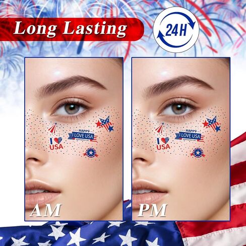 Meicoly 4th of July Glitter Frecleles ، USA Face Glitter Star Starers Tattoos المؤقتة ، الإكسسوارات الأزرق الأبيض الرابع من يوليو ، 8 Face Glitter Frecles +13 Tattoos المؤقتة in Kuwait