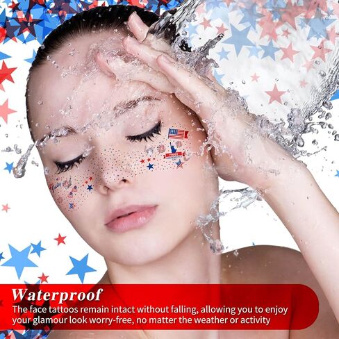 Meicoly 4th of July Glitter Frecleles ، USA Face Glitter Star Starers Tattoos المؤقتة ، الإكسسوارات الأزرق الأبيض الرابع من يوليو ، 8 Face Glitter Frecles +13 Tattoos المؤقتة in Kuwait