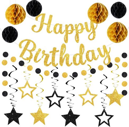 Glitter Happy Birthday Banner with Honeycomb Balls,Circle Dot Garland Hanging Swirls,Happy Birthday Party Decorations for Women Men Kids Boys Girls,NO-DIY,Black Gold in Saudi Arabia