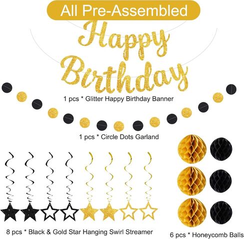 Glitter Happy Birthday Banner with Honeycomb Balls,Circle Dot Garland Hanging Swirls,Happy Birthday Party Decorations for Women Men Kids Boys Girls,NO-DIY,Black Gold in Saudi Arabia