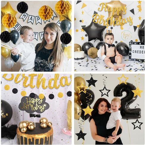 Glitter Happy Birthday Banner with Honeycomb Balls,Circle Dot Garland Hanging Swirls,Happy Birthday Party Decorations for Women Men Kids Boys Girls,NO-DIY,Black Gold in Saudi Arabia