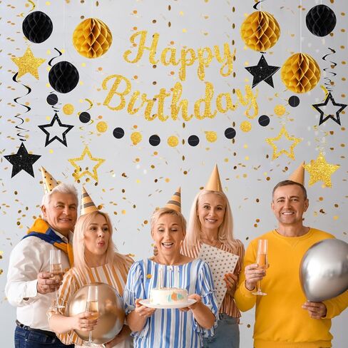 Glitter Happy Birthday Banner with Honeycomb Balls,Circle Dot Garland Hanging Swirls,Happy Birthday Party Decorations for Women Men Kids Boys Girls,NO-DIY,Black Gold in Saudi Arabia