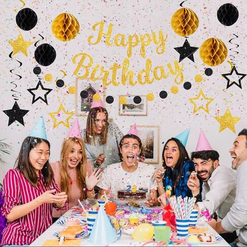 Glitter Happy Birthday Banner with Honeycomb Balls,Circle Dot Garland Hanging Swirls,Happy Birthday Party Decorations for Women Men Kids Boys Girls,NO-DIY,Black Gold in Saudi Arabia