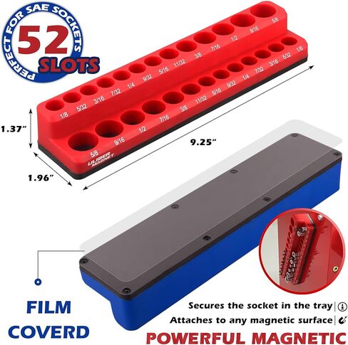 مجموعة منظم المقبس المغناطيسي من ULIBERMAGNET، قضبان سوداء مكونة من 3 قطع مع مشابك حمراء، طقم حامل مشبك مقبس محرك شديد التحمل لصندوق الأدوات، عربات الأدوات، 1/2، 3/8، 1/4 بوصة 43 مقبسًا (المقابس غير متضمنة) in Kuwait
