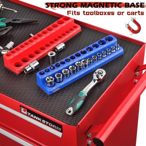 مجموعة منظم المقبس المغناطيسي من ULIBERMAGNET، قضبان سوداء مكونة من 3 قطع مع مشابك حمراء، طقم حامل مشبك مقبس محرك شديد التحمل لصندوق الأدوات، عربات الأدوات، 1/2، 3/8، 1/4 بوصة 43 مقبسًا (المقابس غير متضمنة) in Kuwait