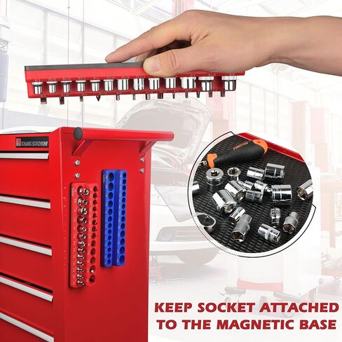 مجموعة منظم المقبس المغناطيسي من ULIBERMAGNET، قضبان سوداء مكونة من 3 قطع مع مشابك حمراء، طقم حامل مشبك مقبس محرك شديد التحمل لصندوق الأدوات، عربات الأدوات، 1/2، 3/8، 1/4 بوصة 43 مقبسًا (المقابس غير متضمنة) in Kuwait