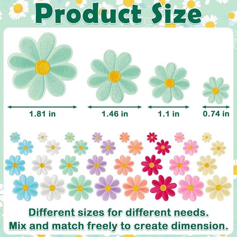 32pcs 4 أحجام الحديد زهرة daisy على بقع لطيف ديزي الأزهار التطريز تصحيح لقطعة القبعات جينز جينز (متعدد الألوان) in Kuwait