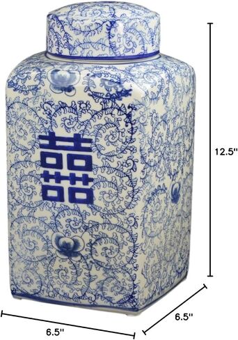 14" Classic Blue and White Porcelain Floral Temple Ginger Jar Vase, China Ming Style, Double Happiness, Chinoiserie Vase, Hexagonal Jar in Saudi Arabia