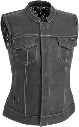 First Mfg Co - Jessica - Women's Motorcycle Biker Riding Black Pink Leather Vest - Extra Large - Conceal Carry Pockets Contrast Stitching in Saudi Arabia