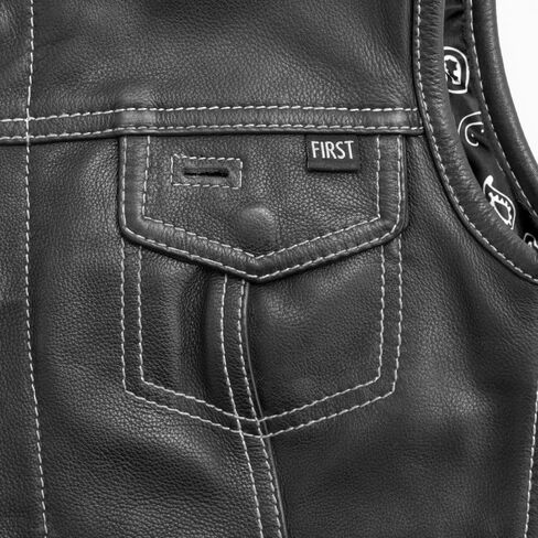 First Mfg Co - Jessica - Women's Motorcycle Biker Riding Black Pink Leather Vest - Extra Large - Conceal Carry Pockets Contrast Stitching in Saudi Arabia