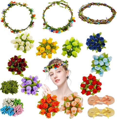 Timlotti Flower Crowns Kit for Girls DIY Fairy Crown Crafts 30 Sets Flower Headband Making Kit with Berries and Ribbons Making Your own Garland Wreath Gift for Girls Teens Women (Blooming Rose) in Saudi Arabia