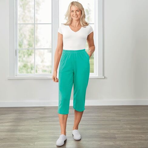AmeriMark Women’s Capri Pants - Full Elastic Waist Pedal Pushers - Ladies 100% Cotton Pull-On Cropped Pants - Side Pockets Navy XL in Saudi Arabia