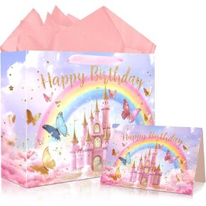 JOARHONAL Princess Castle Gift Bag - 13" Large Happy Birthday Gift Bag with Tissue Paper and Card for Girls Kids Pink Princess Themed Birthday Party Supplies