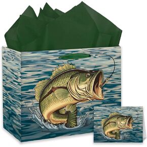 GOLDCROW Large Fishing Gift Bag with Tissue Paper and Greeting Card Fish Wrapping Paper Fishing Gift Wrap Bag for Fishing Birthday Party Decorations for Women Man Angler People Who Love Fishing