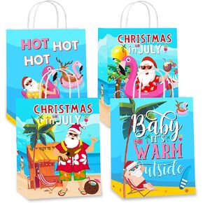 Christmas in July Decorations,16PCS Christmas in July Party Paper Bags,Durable Kraft Paper Baby It’s Warm Outside Summer Hawaiian Treat Bags for Pool Beach Summer Christmas Party Supplies