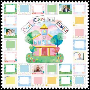 111 Pcs Our Class Is a Family Bulletin Board Set with Picture Frames for Classroom, Pink School House Grassy Area Flower Trees Sky Cloud Cutout for Bulletin Board Chalkboard School Party Decor