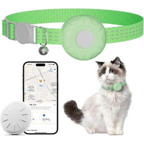 Cat Tracker,Breakaway Tracking Pet Collar with Finder Tag and Tracker Holder,No Monthly Fee,Compatible with Apple Find My (iOS Only), Reflective Strip Design with Bell(Pink)