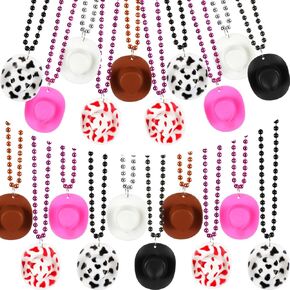 24 Pcs Plastic Mini Cowboy Hat Bead Necklace Multicolor Tiny Western Cowboy Cowgirl Hats Necklace for Party Accessories Dress up Party Supplies