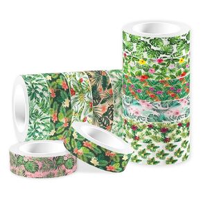 12 Pcs Hawaiian Tropical Greenery Washi Tapes Set Plants Tropical Greenery Masking Tape Greenery Themed Decorative Tape Green Leaves Printed Decorative for DIY, Planner, Scrapbooking, and Party Decor