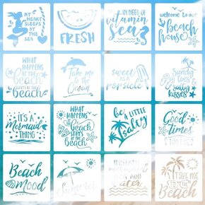 16pcs Beach Theme Stencils for Painting, 8in Reusable Plastic Ocean Stencils Perfect for DIY Summer Beach Art on Wood Fabric and Walls