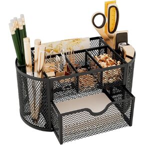 Mesh Pen Holder for Desk 3 Compartment Desk Organizer for Pens Pencils Sticky Notes Office Accessories